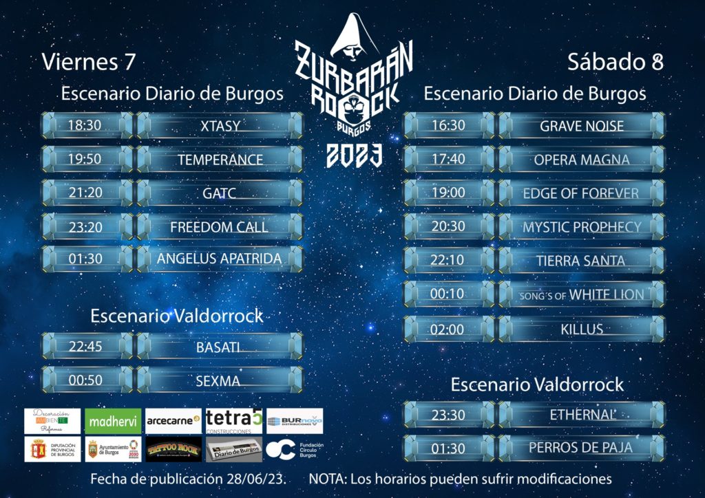 Horarios del Zurbarán Rock Fest Burgos, , el 31 de mayo 2024